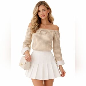 NWT Lafayette 148 Khaki Checker Gingham Off Shoulder Blouse Tan White Cuffs XS‎
